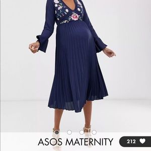ASOS DESIGN Maternity embroidered pleated midi dress with lace inserts in navy.